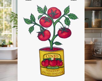 Op de afbeelding: Een handgetekend beeld van een tomatenplant die uit een blik Cento 100% Italiaanse Pomodori Pelati Italiani groeit. Het blik is geel met rode en groene accenten. De plant heeft vijf rode tomaten en groene bladeren.