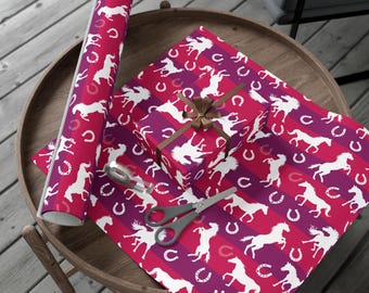 White Horses and Horseshoes Gift Wrap Paper | Pink Purple Striped Wrapping Paper