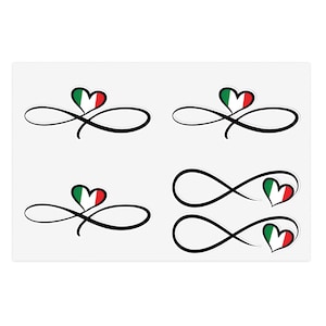 May include: Four designs featuring black infinity symbols with heart-shaped Italian flags. The hearts display green, white, and red colours. The designs are on a white background.