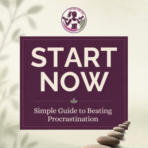 May include: A square graphic with a dark purple background featuring the white text START NOW and the subtitle Simple Guide to Beating Procrastination. Above the text is a circular logo with a silhouette of a person lifting dumbbells.
