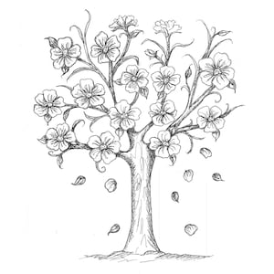 Coloring Page Printable Download Flowering Tree Hand drawn Coloring Sheet, Instant Download.
