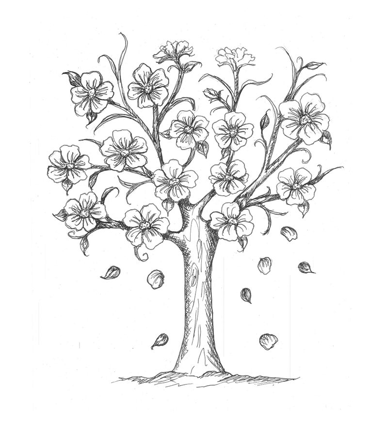Coloring Page Printable Download Flowering Tree Hand Drawn Coloring ...