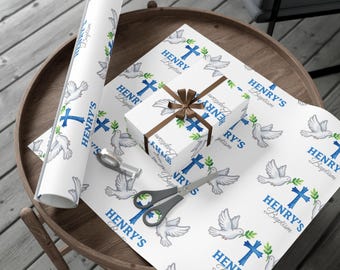 Baptism Gift Wrap Paper | Personalized Name Blue Cross & Dove Design