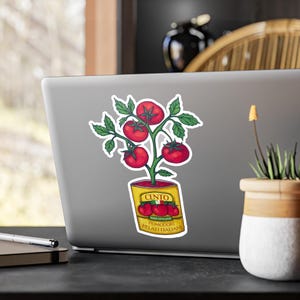 Sticker en vinyle, boîte de conserve de tomates vintage, tomates cento italiennes, décoration de cuisine, cadeau pour chef cuisinier, décalcomanie dessinée à la main, décoration culinaire maison