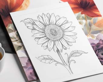 Disegno di girasole da colorare, illustrazione floreale stampabile in formato PDF da scaricare