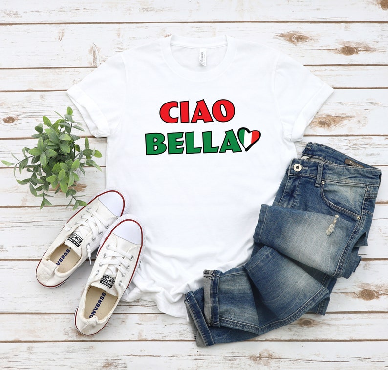 Italienisches T-Shirt, Ciao Bella italienisches T-Shirt, Lieblings-T-Shirt der Frauen, Italien-T-Shirt, Ciao Bella italienische Flagge Herz-T-Shirt, Geschenk für sie Bild 1