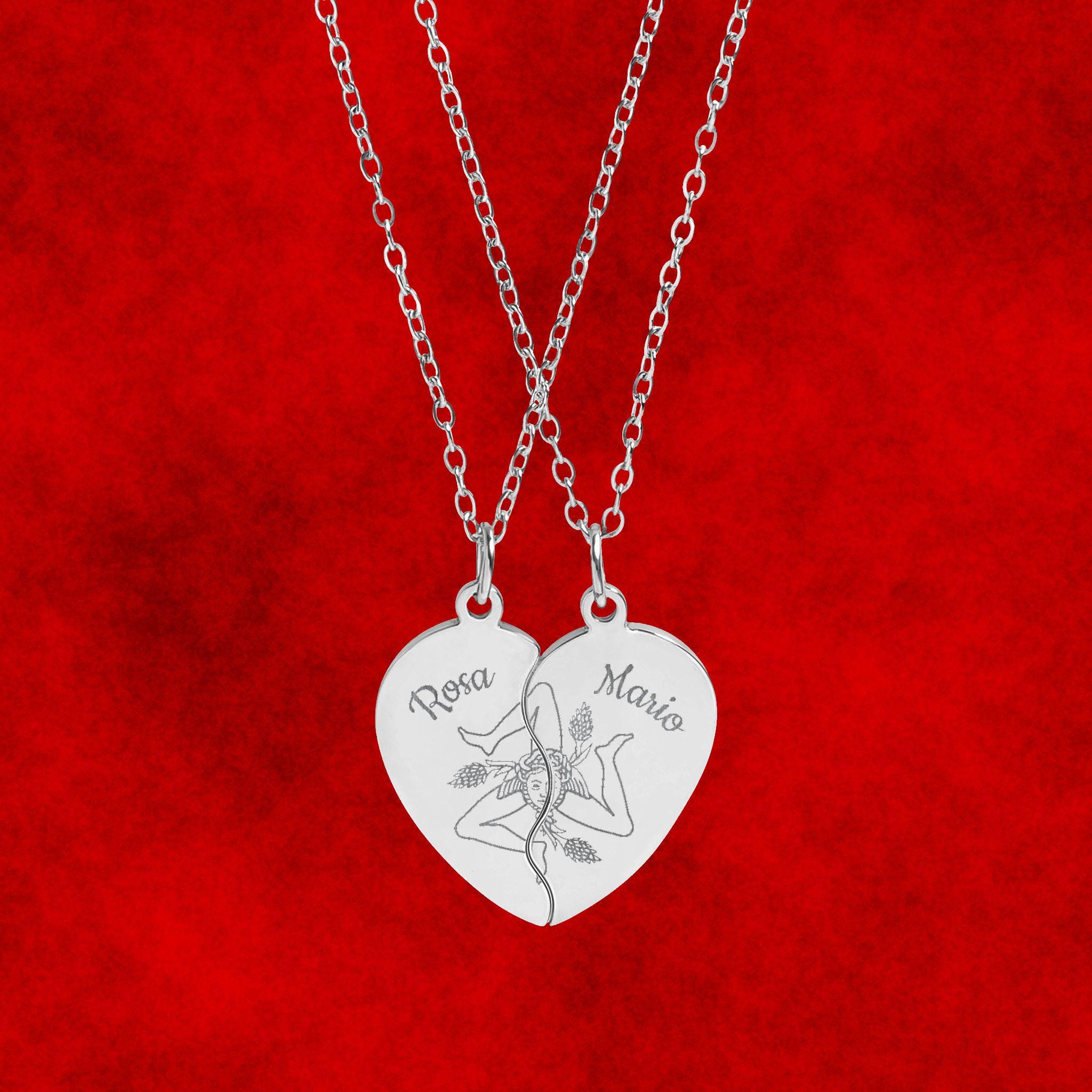 Trinacria Engraved Break Apart Heart Necklace Set | Pesonalized