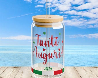Italian Flag Sipper Glass, Personalized Tanti Auguri Celebration Gift Tumbler, Party Cup, Favor, 16oz