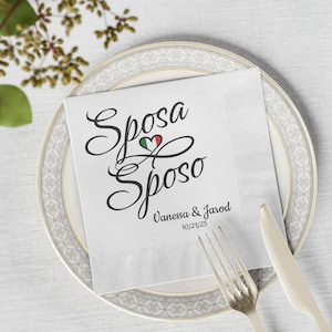 Italian Wedding Party Napkins, Personalized Mr. and Mrs. Italian Flag Heart Napkins, Sposa and Sposo Party Napkins, Italian Party