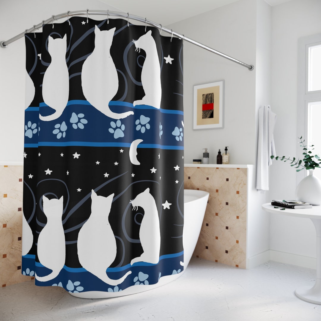 Fun Cats and Moon Shower Curtain Polyester Shower Curtain Home Decor