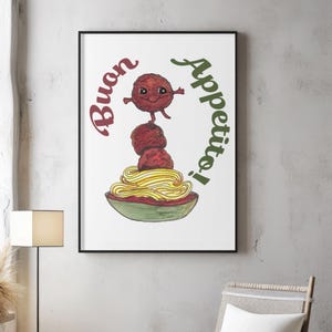 Pôster de macarrão Buon Appetito, arte de parede para cozinha, decoração italiana desenhada à mão, arte de espaguete e almôndegas, impressão de arte culinária
