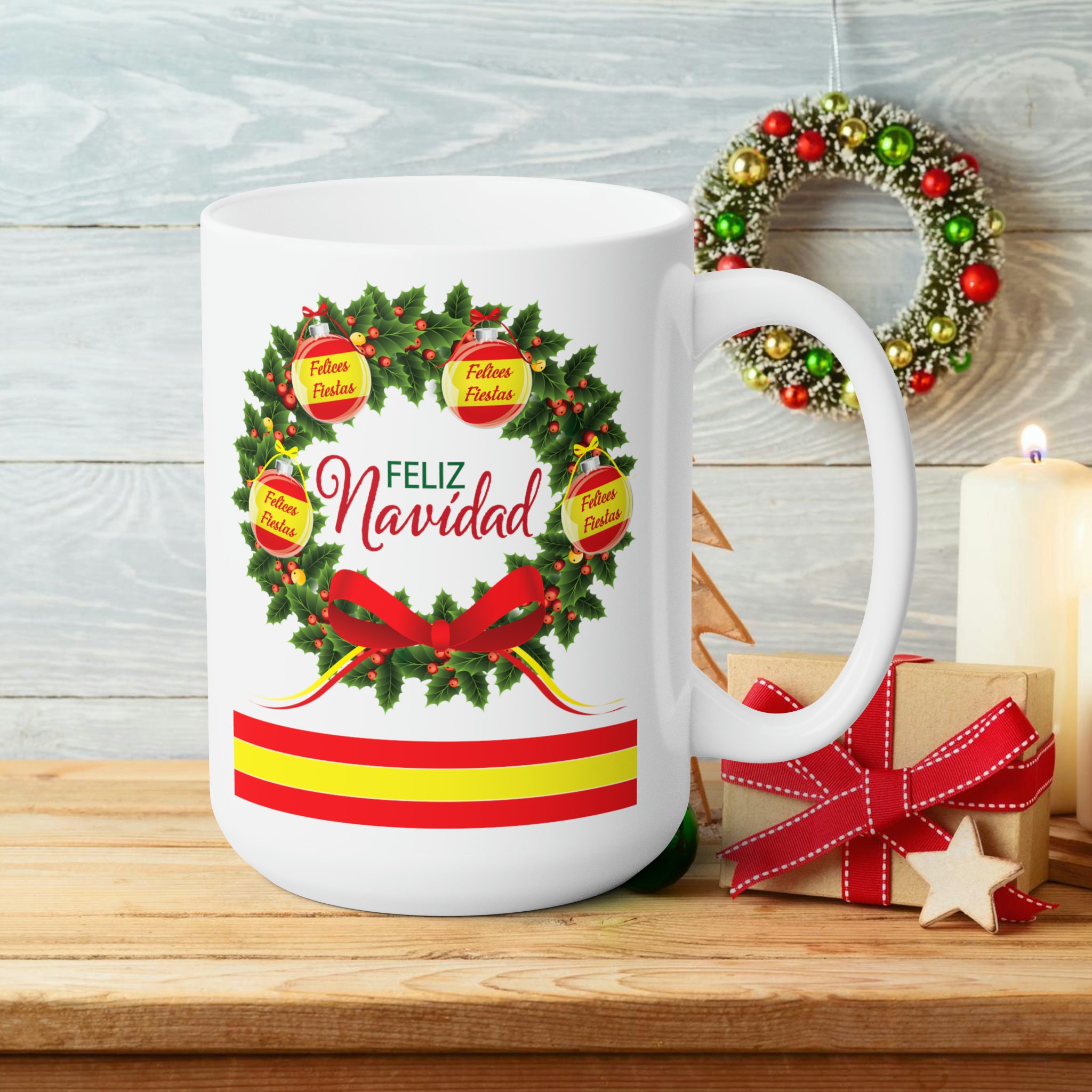 Feliz navidad Coffee Mugs, 15oz for Mexican family or Latin friend. Mexica  cup for him or her. El burrito sabanero, los tamales, el Santa.