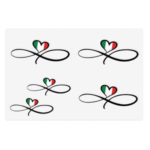 May include: Several heart-shaped designs in the colours of the Italian flag: green, white, and red. Each heart sits on a black infinity symbol, creating a patriotic and symbolic design.