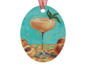 Peach Bellini Cocktail Illustration Metal Ornament | Personalized Name Holiday Decor