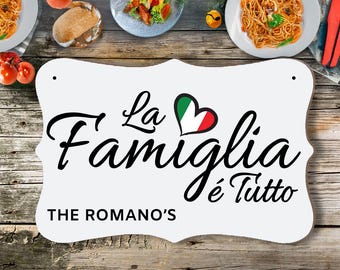 May include: White wooden sign with a black cursive font that reads "La Famiglia è Tutto" with a heart shaped Italian flag in the middle. The sign also has the text "THE ROMANO'S" at the bottom.