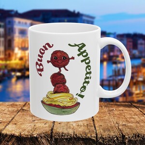Caneca de cerâmica com almôndegas Buon Appetito, presente italiano personalizado, decoração de cozinha italiana, caneca divertida para a família italiana, espaguete com almôndegas