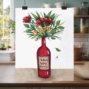 Italian Wine Poster, Matte Vertical Poster, Viva Vino Wall Art, Kitchen Decor, Gift for Wine Lovers, Floral Wine Print, Italia Art Print,