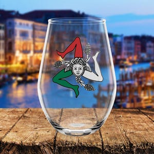 Sicilian Trinacria Stemless Wine Glass: Personalized Sicily Gift