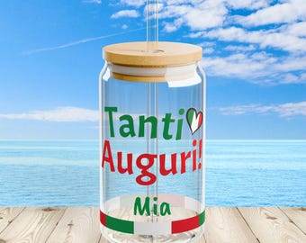 Italian Flag Sipper Glass, Personalized Tanti Auguri Celebration Gift Tumbler, Party Cup, Favor, 16oz