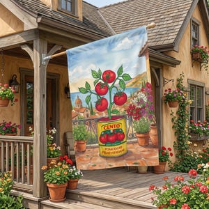 Outdoor Flag with Italian Tomato Can Artwork, Double-Sided Garden