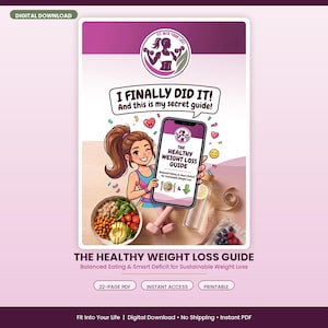 Puede incluir: Una guía de descarga digital titulada The Healthy Weight Loss Guide que muestra un personaje de dibujos animados sosteniendo un teléfono inteligente con la guía. La imagen incluye el texto I FINALLY DID IT! And this is my secret guide! con iconos de comida y pesas.