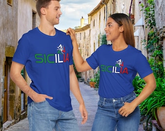 Sicilia Tshirt, Sizilien T-Shirt, Unisex Jersey Kurzarm T-Shirt mit V-Ausschnitt, Geschenk für sie, Geschenk für ihn, Sicilia Emblem, Trinacria, sizilianisches Geschenk