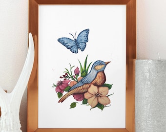 Bird and Butterfly Coloring Page: Hand-Drawn Printable (PDF & JPG)