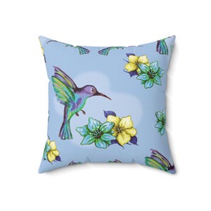 Hummingbird Pillow: Hand-Painted Floral Design, Spun Polyester