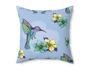 Almohada de colibrí: diseño floral pintado a mano, poliéster hilado