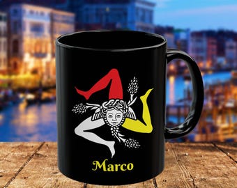 Sicilian Trinacria design Mug | Personalized Black ceramic coffee mug