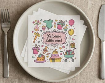 Servilletas de bienvenida para baby shower "Bienvenido pequeño" / Decoraciones personalizadas para baby shower, iconos de bebé en tonos pastel