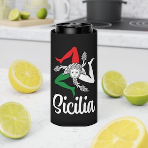 Sicilian Trinacria Can Cooler, Sicily Drink Sleeve Beer Holder, Sicilian Party Accessory, Italy Gift for Traveler, Cozie Gift for Sicllian
