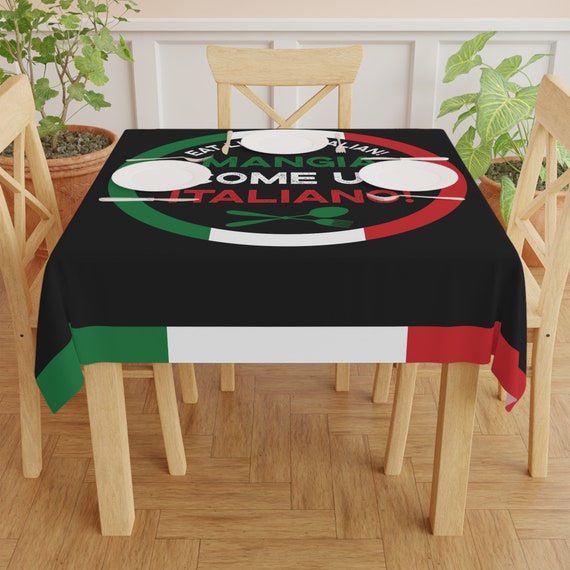 Lustige italienische Tischdecke, Mangia Italy Design, quadratischer Polyesterbezug