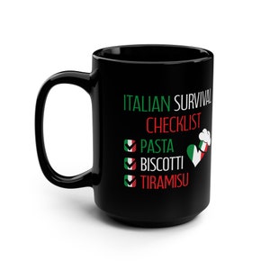 Tazza divertente con lista di sopravvivenza italiana: tazza da caffè nero da 15 once