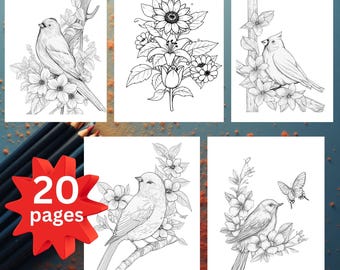 Birds and Flowers Coloring Pages: Print at home (PDF Download) 20 pages PLR