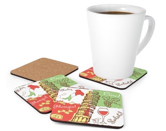 Italian Coasters: Ciao Saluti Corkwood Drink Coaster Set