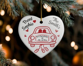 First Christmas as Mr. & Mrs. Ceramic Ornament | Personalized Heart Photo Ornament | Hand Drawn Wedding Doodle