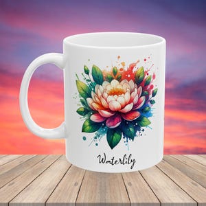Personalized Birth Flower Ceramic Mug, Waterlily Coffee Cup, July Birthday Gift, Mother&#39;s Day Gift, Custom Floral Tea Mug, Ceramic Mug