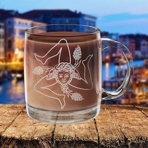 Personalized Sicilian Trinacria Engraved Glass Coffee Mug