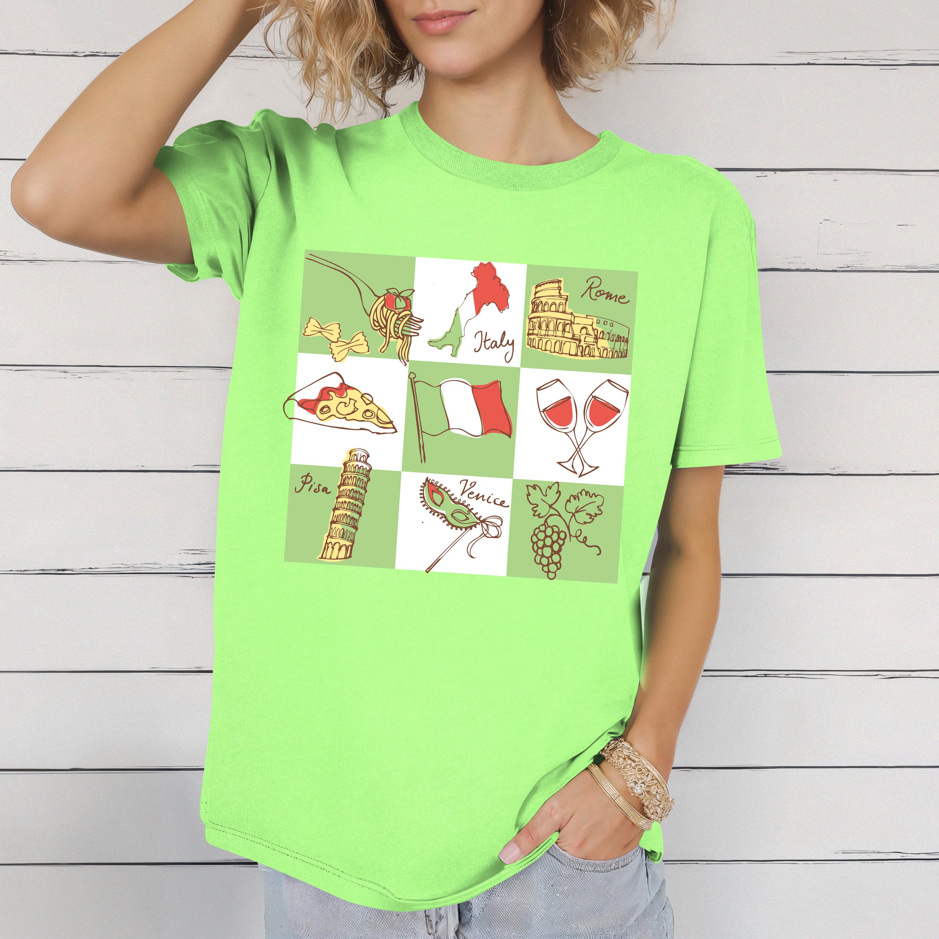 イタリア料理の落書きTシャツ：ローマ、ピザ、ワインギフトTシャツ 