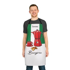 Delantal italiano con diseño de cafetera moka, taza Buongiorno personalizada