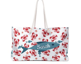 Nautical Lobster and Fish Pattern Weekender Bag | Personalized Name Option