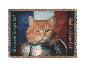Medieval Ginger Cat Woven Blanket: Cozy Cat Lover Gift