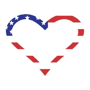 May include: A red, white, and blue heart-shaped design with stars in the blue section. The heart is made up of stripes and stars, resembling the American flag.