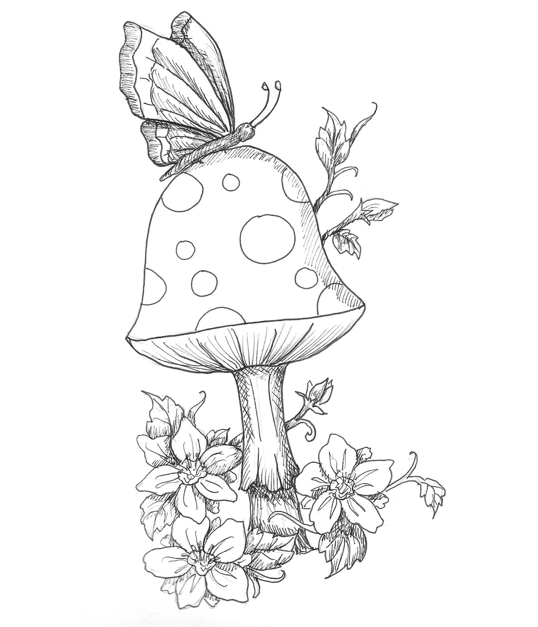 Coloring Page Printable Download Mystical Mushroom and Butterfly Hand