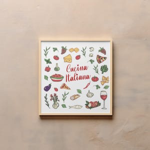Italian Kitchen Poster, Italian Foods Wall Art, Pizza, Pasta, Wine, Cheese Mediterranean Decor Print, Gift for Mom, Italian Food Art