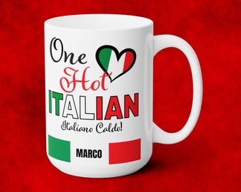 Grote koffiemok, 440 ml, wit keramiek, met Italiaanse vlag.