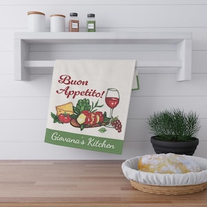 Italian Kitchen Tea Towels, Buon Appetito Rustic Decor, Personalized Gift for Cooks, Mother&#39;s Day, Cotton/Poly Goodies, Italian Cooking