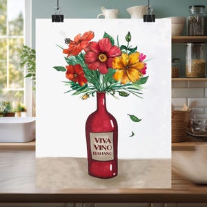 Italian Wall Art, Italy Wine Poster, Matte Vertical Poster, Viva Vino Wall Art, Italy Kitchen Decor, Gift for Wine Lovers, Floral Wine Print