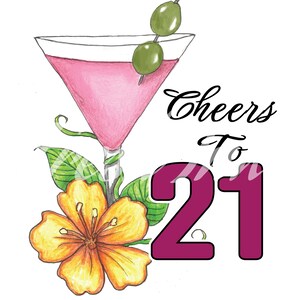 Vier het draaien van 21 - Digitale download, Proost op eenentwintig afdrukbare illustraties, Toast op 21 Digitaal bestand, Hand geïllustreerd ontwerp